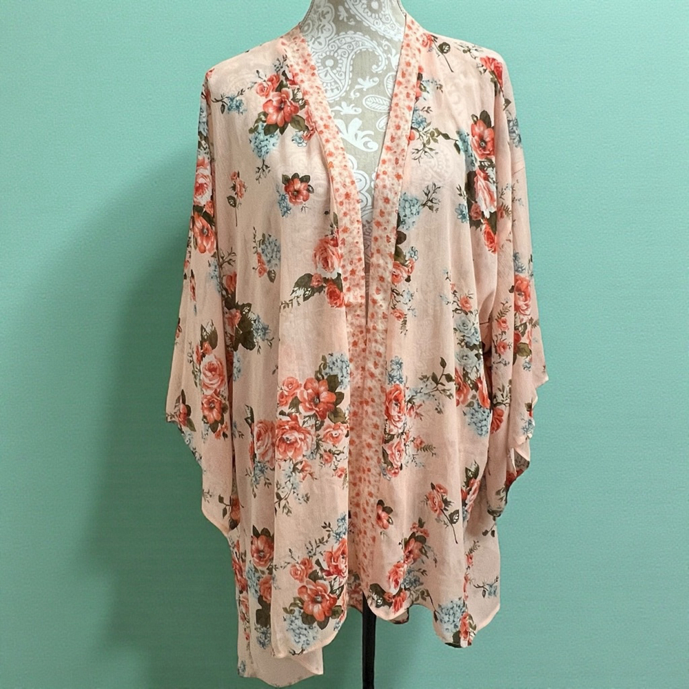 B.O.G Collective Floral Kimono Blush Coral Pink Sheer Open Front M/L Boho